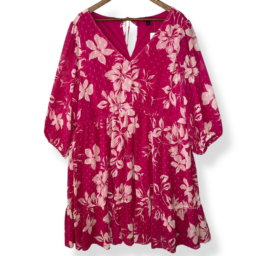 NEW Torrid 2X Mini Clip Dot Voluminous Babydoll Dress Emma Floral‎ Pink Tropical